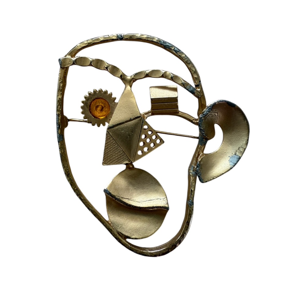 Vintage Modernist Cubist Brooch Gold  Tone Abstract Face Hammered Metal